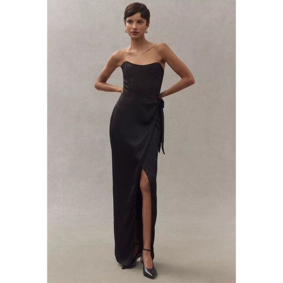 NEW V. Chapman June Corset Jacquard Front-Slit Gown Black Strapless Satin Size 4 - Picture 1 of 10
